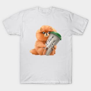 Cute dog of breed Spitz with a cup of coffee. T-Shirt